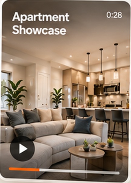 Apartment Showcase, 0:28 — a bright living room and open kitchen