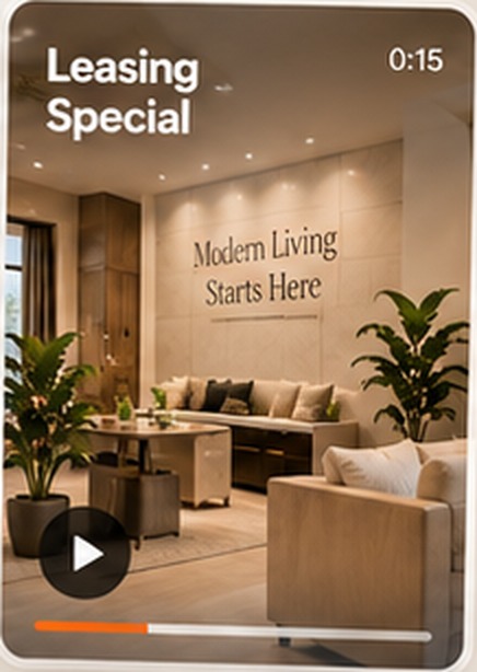 Leasing Special, 0:15 — the leasing lounge with a Modern Living Starts Here wall