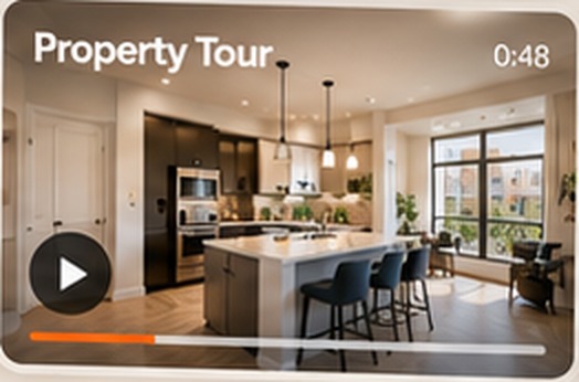 Property Tour, 0:48 — the kitchen island and dining area